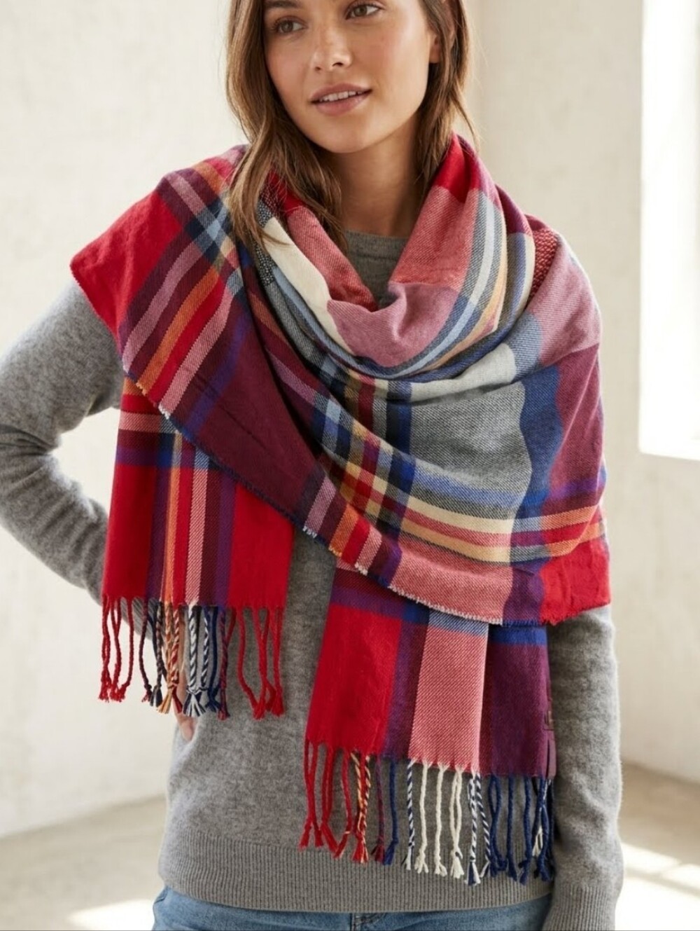Abercrombie & Fitch Oversized Plaid Patchwork Blanket Scarf Fringe